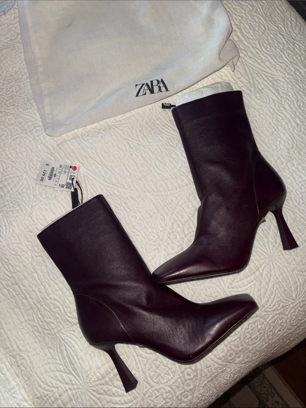 Zara Burgundy Pointed Toe Leather Ankle Boots - Picture 1 of 2